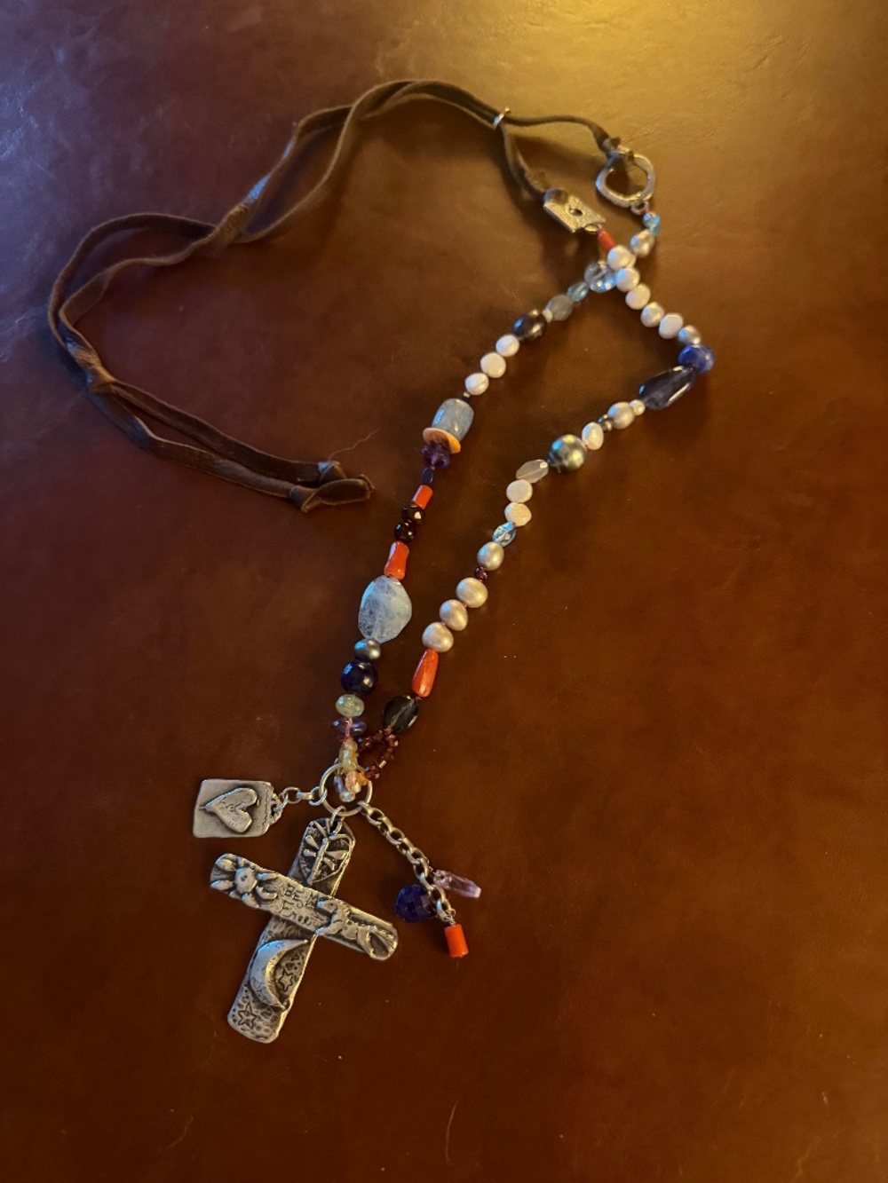 Jes MaHarry Signed Artisan Cross Necklace | Gemstones Pearls Sundance
